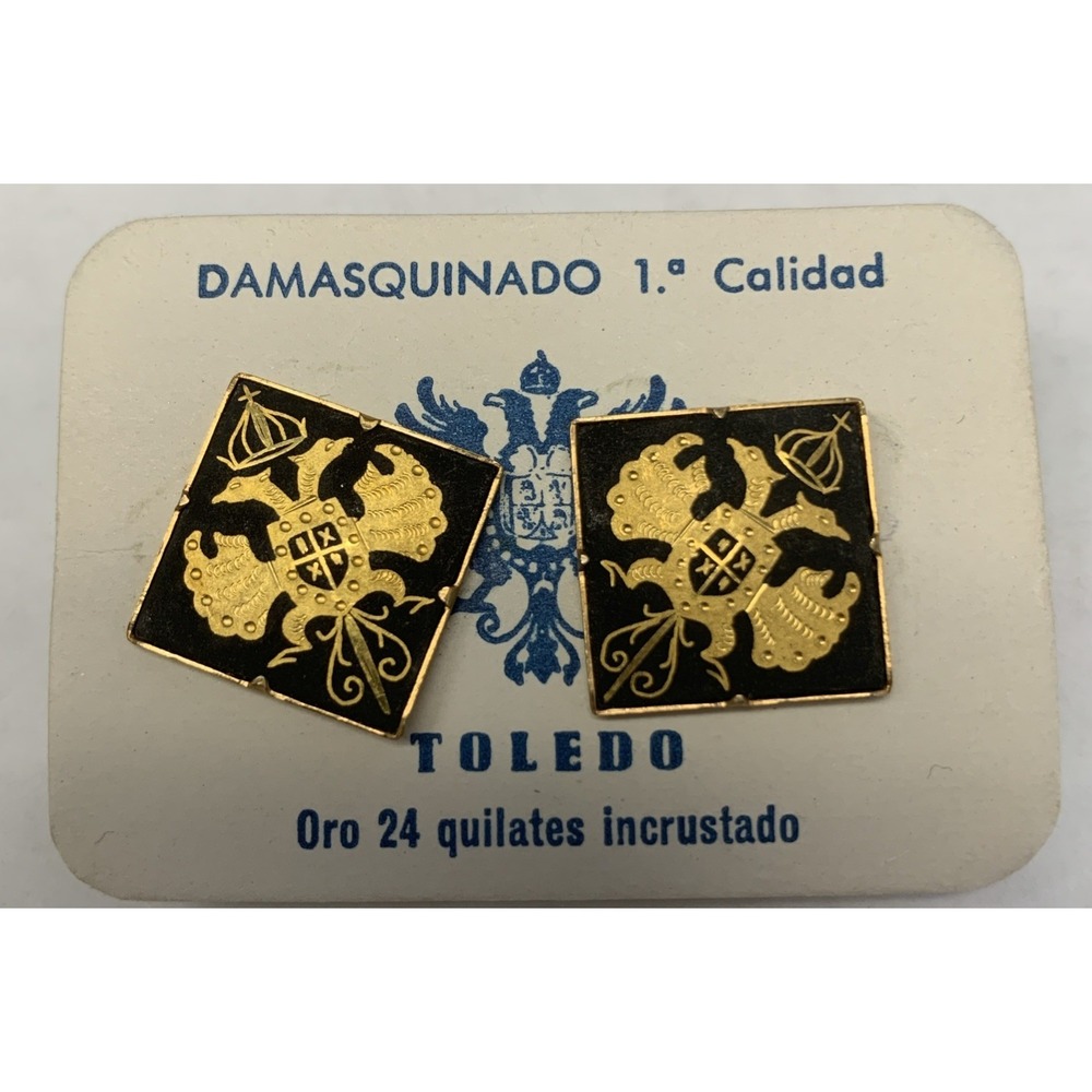 Vintage Toledo Holy Roman Emperor Crest‎ Damascene Cufflinks 3/4" 24k Inlaid